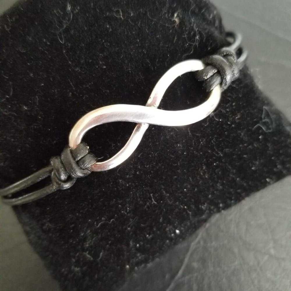 Solid Sterling Silver Infinity Symbol Black Handcrafted Leather Cord Bracelet